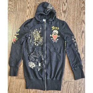 Ed Hardy By Christian Audigier Full Zip Hoodie Big Logo Juniors Size M Black